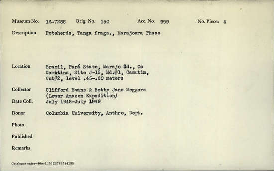 Documentation associated with Hearst Museum object titled Potsherds, accession number 16-7288, described as Potsherds, Tanga fragments Marajoara Phase