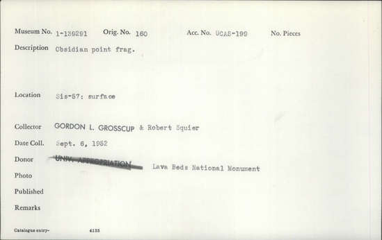 Documentation associated with Hearst Museum object titled Point fragment, accession number 1-139291, described as Obsidian
