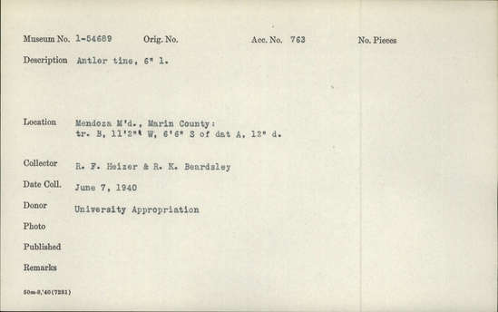 Documentation associated with Hearst Museum object titled Antler tine, accession number 1-54689, described as Antler tine.