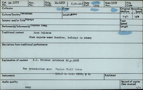 Documentation associated with Hearst Museum object titled Audio recording, accession number 24-1677, described as Coyote Song