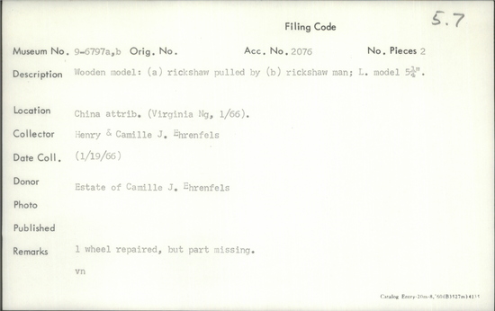 Documentation associated with Hearst Museum object titled Figurines, accession number 9-6797a,b, described as Wooden model: (a) rickshaw pulled by (b) rickshaw man; length model 5  1/4 inches. I wheel repaired, but part missing.