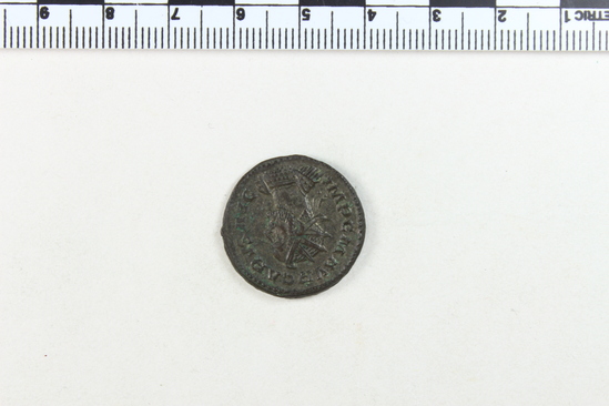 Hearst Museum object 7 of 10 titled Coin: billon antoninianus, accession number 8-4388, described as Coin; Billon; Antoninianus; Roman. 4.76 grams, 23 mm. Carus, 282-285 AD. Lyon, France. Obverse: IMP C M AVR CARVS AVG, bust r. radiate, cuirassed. Reverse: VICTORIA AVGG, Victory l. on globe between two captives; to l., A.