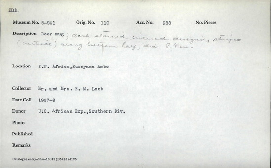 Documentation associated with Hearst Museum object titled Mug, accession number 5-941, described as dark stained and incised beer mug