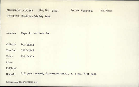 Documentation associated with Hearst Museum object titled Knife, accession number 1-171164, described as obsidian graver or knife