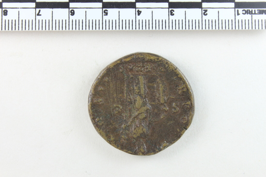 Hearst Museum object 5 of 14 titled Coin: æ sestertius, accession number 8-4887, described as Coin; AE; Sestertius; Roman. 22.80 grams, 32 mm. Marcus Aurelius, 148-149 AD. Rome, Italy. Obverse: AVRELIVS CAESAR AVG PII F, bust r. bare. Revere: TR POT III COS II, Pietas standing l., hand on head of small girl l.; in field, S C; in exergue, PIETAS. Remarks: Date is unlikely, falls during reign of Antoninus Pius.