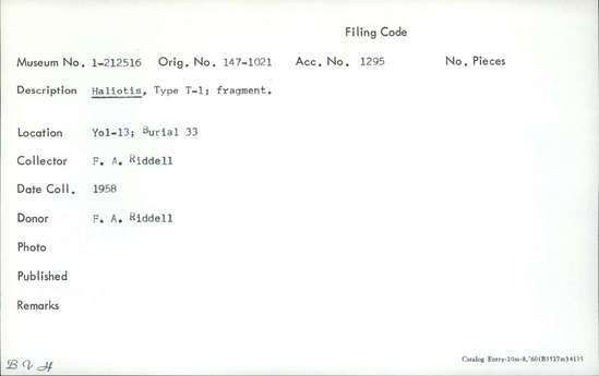 Documentation associated with Hearst Museum object titled Worked shell, accession number 1-212516, described as Haliotis shell fragment, Type T-1.