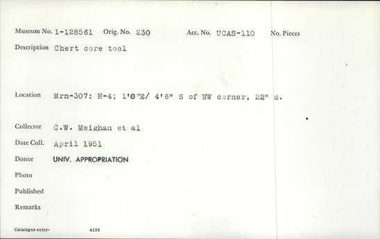 Documentation associated with Hearst Museum object titled Tool, accession number 1-128561, described as Chert core tool.