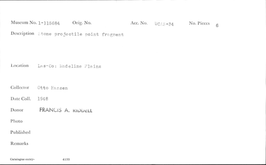 Documentation associated with Hearst Museum object titled Point fragment, accession number 1-115684, described as Stone projectile