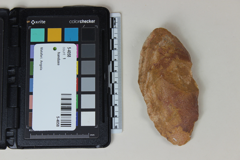 Hearst Museum object 2 of 2 titled Handaxe, accession number 5-4058, described as Quartzite core axe; bifaced; 1. 10.5 cm.