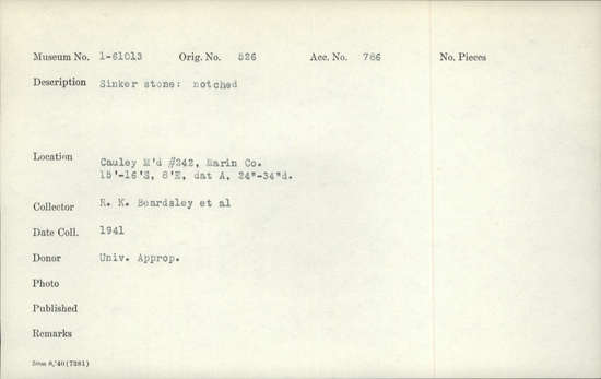 Documentation associated with Hearst Museum object titled Sinker (fishing), accession number 1-61013, described as Sinker stone, notched. Notice: Image restricted due to its potentially sensitive nature. Contact Museum to request access.