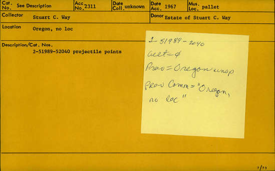 Documentation associated with Hearst Museum object titled Projectile point, accession number 2-52025, described as Projectile point