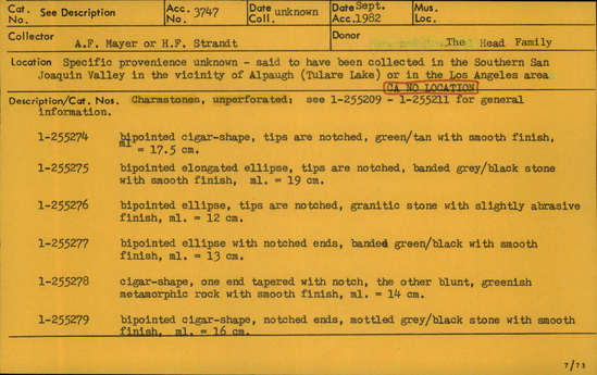 Documentation associated with Hearst Museum object titled Charmstone, accession number 1-255275, described as Unperforated charmstone; bipointed elongated ellipse, tips are notched, banded grey/black stone with smooth finish