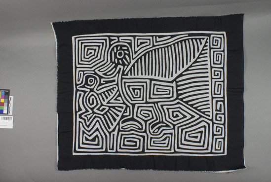 Hearst Museum object titled Mola, accession number 3-30197, described as Mola, 56 x 46 cm; top layer black, bottom layer white; large bird motif with baby bird surrounded by smaller coil motifs; a line of Greek key pattern runs along the right side.