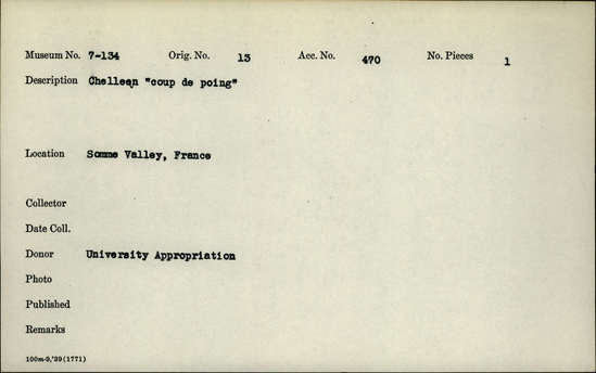 Documentation associated with Hearst Museum object titled Punch, accession number 7-134, described as Chellean “coup de poing”.