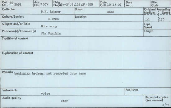 Documentation associated with Hearst Museum object titled Audio recording, accession number 24-2691, described as Hoho Dance Song