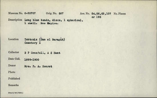 Documentation associated with Hearst Museum object titled Beads, accession number 6-20707, described as long blue beads, discs, one spherical, one shell. New Empire