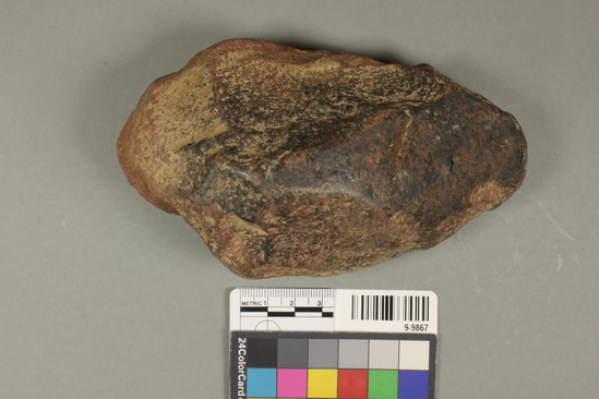 Hearst Museum object 2 of 3 titled Handaxe, accession number 9-9867, described as handaxe, double pointed, quartzite