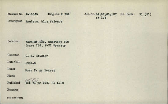 Documentation associated with Hearst Museum object titled Amulets, accession number 6-10565, described as Amulets, blue faience.