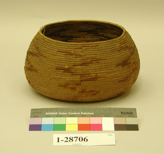 Hearst Museum object titled Bowl basket, accession number 1-28706, described as Coiled basketry bowl, incurved rim.  Brown design.