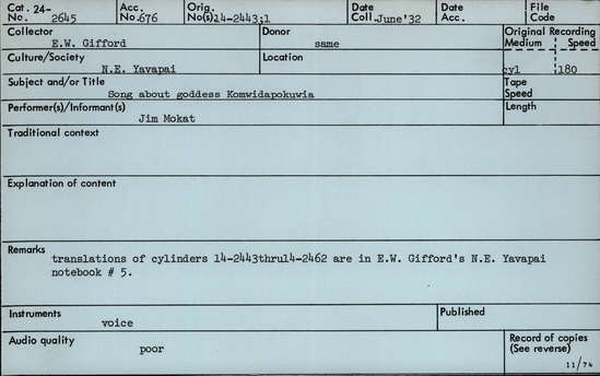 Documentation associated with Hearst Museum object titled Audio recording, accession number 24-2645, described as Song about goddess Komwidapokuwia