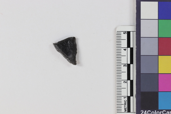 Hearst Museum object titled Flake, accession number 16-14438, described as Projectile point fragment; obsidian; triangular; weight: 1.2 grams; length: 1.73 cm; width: 1.3 cm; depth: 0.55 cm.