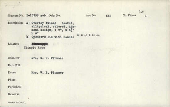 Documentation associated with Hearst Museum object titled Basket and lid, accession number 2-13999a,b, described as (a) Overlay twined basket, elliptical, colored, diamond design. (b) Openwork lid with handle.