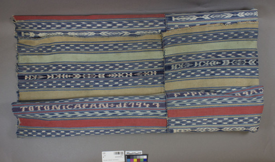 Hearst Museum object 2 of 2 titled Tzute, accession number 3-29864, described as Treadle-loomed, weft-faced plain weave, two lienzos handsewn together, warps cut, hand-hemmed.