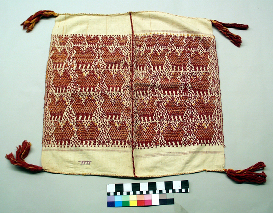 Hearst Museum object 1 of 2 titled Tzute, accession number 3-36, described as Cat card says: Woman’s shawl and headdress (Xute) 3-36 white wool brocaded with red and yellow cotton with tassels on the corners; approximately 60 cm x 60 cm