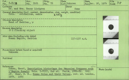 Documentation associated with Hearst Museum object titled Coin: æ semis, accession number 8-8133, described as Coin; Æ; aes grave; semis; Orichalcum. 3.751 grams. Obverse: Head of Hadrian, facing right. Reverse: S C flanking object.