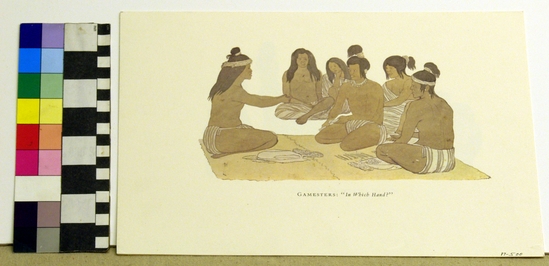 Hearst Museum object titled Drawing, accession number 17-500, described as Group of Indian men seated on a skin (blanket) playing a game. "Gamsters: In which hand?