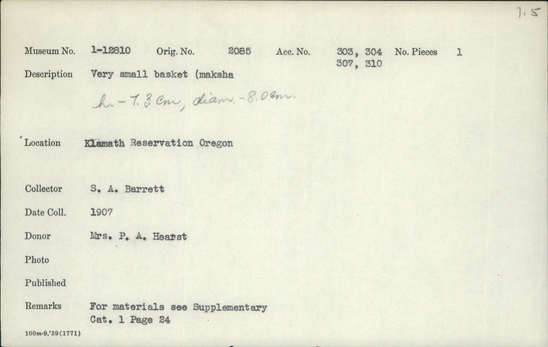 Documentation associated with Hearst Museum object titled Food basket, accession number 1-12810, described as Food basket; twined. Warp and weft are twisted Tule (Schoenoplectus acutus). Red pattern is Tule root. Indigenous name: maksha.  Very small.