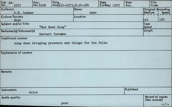 Documentation associated with Hearst Museum object titled Audio recording, accession number 24-2577, described as Mud Head Song