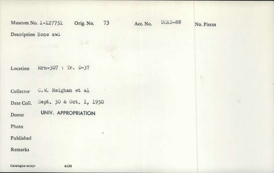 Documentation associated with Hearst Museum object titled Awl, accession number 1-127751, described as Bone awl.