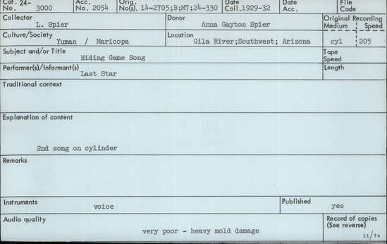 Documentation associated with Hearst Museum object titled Audio recording, accession number 24-3000, described as Hiding Game Song