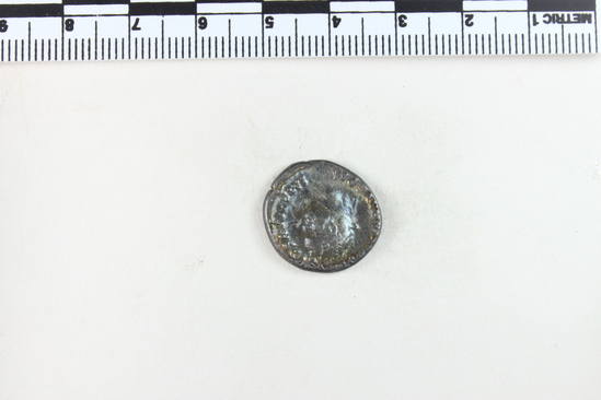 Hearst Museum object 3 of 8 titled Coin: æ denarius, accession number 8-5928, described as Coin: Denarius; (AR?) Æ; Titus - 2.56 grams. Rome, 80 AD. Obverse: IMP TITVS CAES VESPASIAN AVG PM - head laureate facing right. Reverse: TRP IX IMP XV COS JIII [line over the III] PP - Curule chair above which is a wreath.