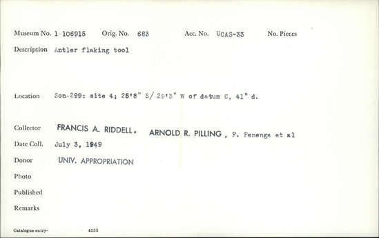 Documentation associated with Hearst Museum object titled Worked bone, accession number 1-106915, described as Antler flaking.