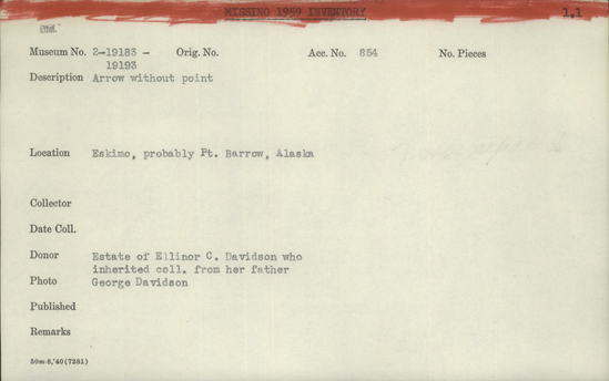 Documentation associated with Hearst Museum object titled Arrow, accession number 2-19192, described as Arrow without point.