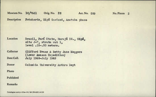 Documentation associated with Hearst Museum object titled Potsherds, accession number 16-7441, described as Potsherds, Sipo incised