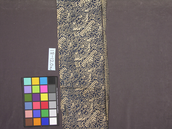 Hearst Museum object titled Cloth object, accession number 18-120a-c, described as Cloth fragments, batik; attached to backing; blue and white zoomorphic and abstract designs; (a) 29 x 142 cm. (b) 41 x 30.5. (c) 31.5 x 38.5 cm.