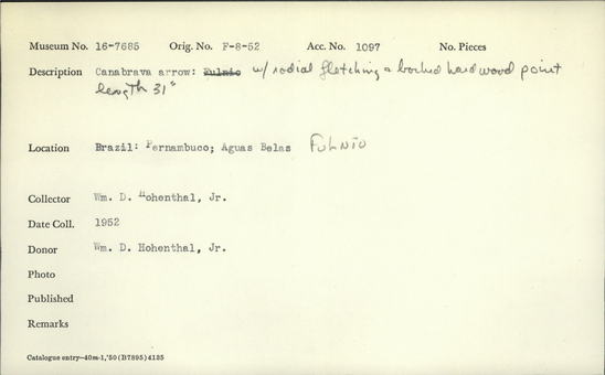 Documentation associated with Hearst Museum object titled Arrow, accession number 16-7685, described as Canabrava arrow: with radial fletching and barbed hardwood point, length 31 inches