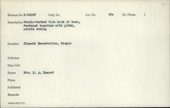 Documentation associated with Hearst Museum object titled Fishhook, accession number 1-14149, described as Double-barbed fishhook of bone, fastened together with pitch, native string.