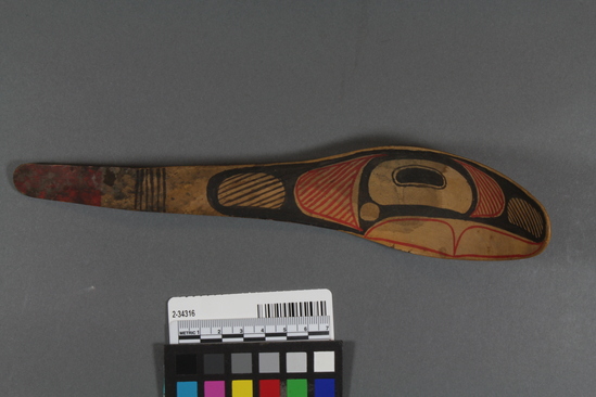 Hearst Museum object titled Spoon, accession number 2-34316, described as Wooden spoon, painted with red and black design.