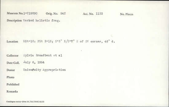 Documentation associated with Hearst Museum object titled Shell fragment, accession number 1-219890, described as Worked.