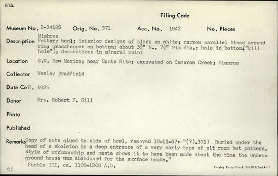 Documentation associated with Hearst Museum object titled Bowl, accession number 2-34185, described as Made of pottery.  Interior designs of black on white; narrow parallel lines around rim; grasshopper on bottom.  Hole in bottom ("kill hole").  Decorations in mineral paint.