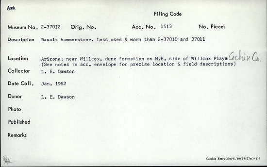 Documentation associated with Hearst Museum object titled Core, accession number 2-37012, described as Basalt hammerstone; less used and worn than 2-37010 and 37011