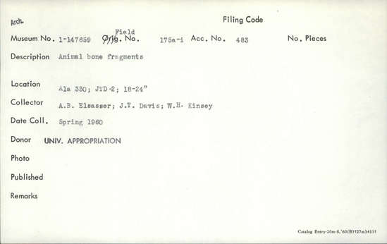 Documentation associated with Hearst Museum object titled Faunal remains, accession number 1-147659, described as Animal.