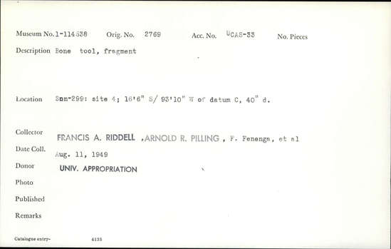 Documentation associated with Hearst Museum object titled Worked bone, accession number 1-114538, described as Bone