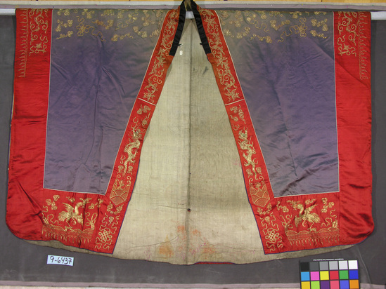 Hearst Museum object titled Robe, accession number 9-6437, described as Priest’s robe; Taoist; silk with gold thread embroidery; five toed dragon motif, floral design; red trim; black satin collar. Approximately 63 inches long.