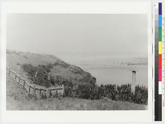 Hearst Museum object titled Black-and-white negative, accession number 15-11454, described as The old house-pits and "cemetery" at Stone Lagoon.