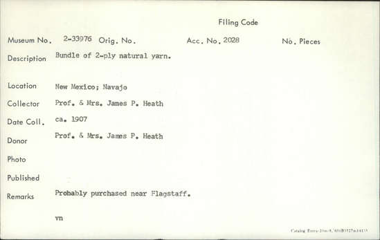 Documentation associated with Hearst Museum object titled Yarn, accession number 2-33976, described as Bundle of 2-ply natural yarn.